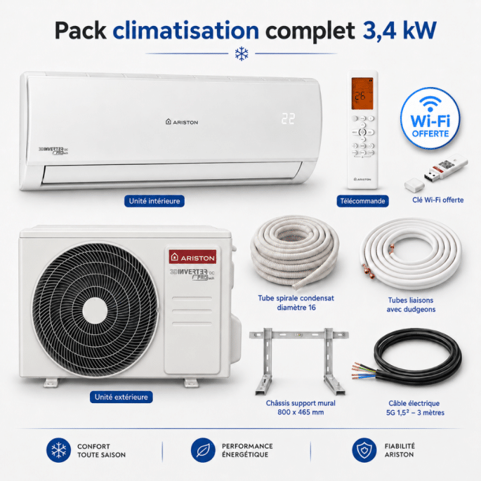 Pack climatisation monosplit Alys Ariston 3,4 kW + kit installation