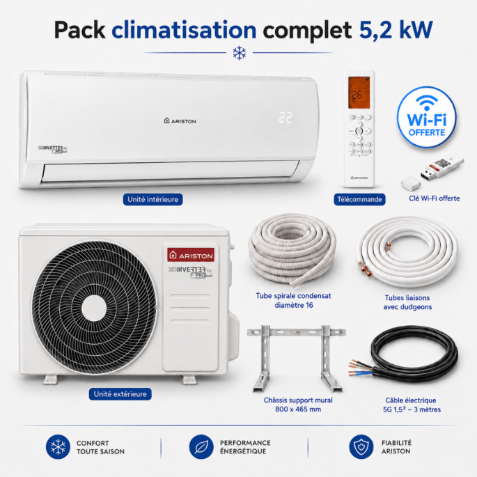 Pack climatisation monosplit Alys Ariston 5,2 kW + kit installation