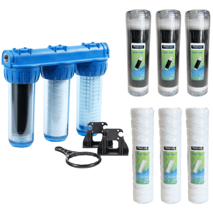 Filtre à eau Triplex 3/4 équipé avec cartouche + 2 cartouches coton + 2 cartouches charbon