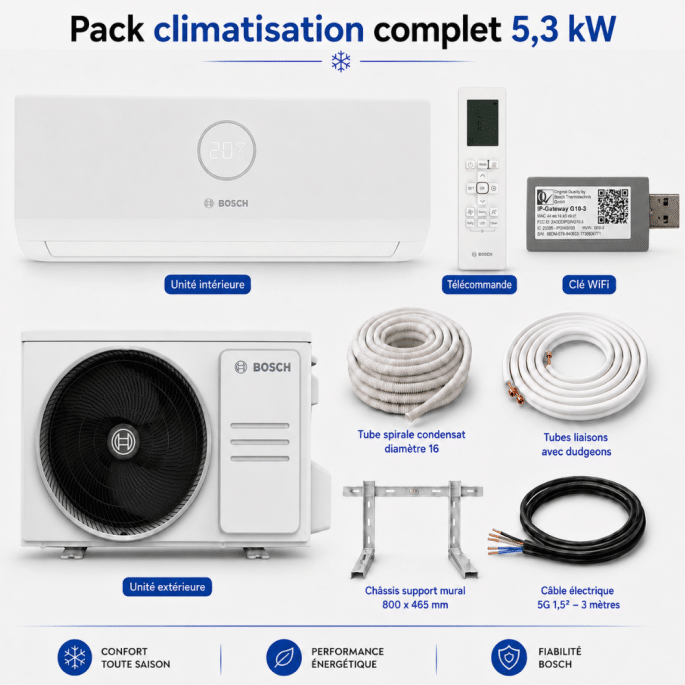 Pack climatisation monosplit Climate 3000I RAC Bosch 5,3 kW + kit installation