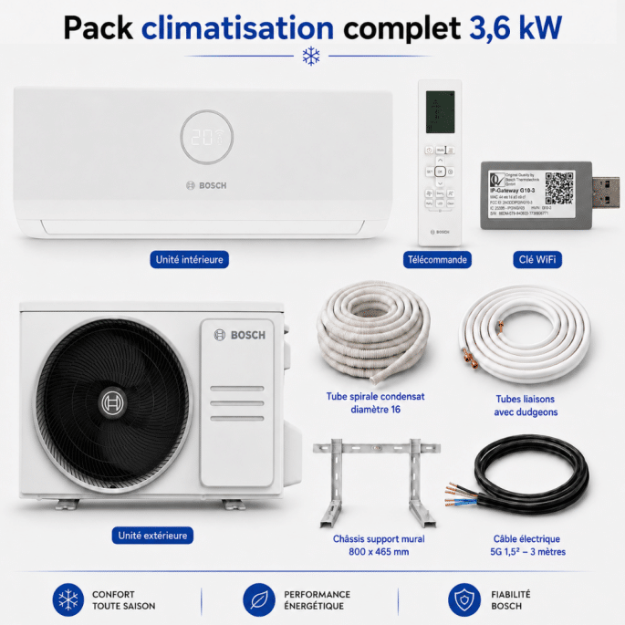 Pack climatisation monosplit Climate 3000I RAC Bosch 3,6 kW + kit installation