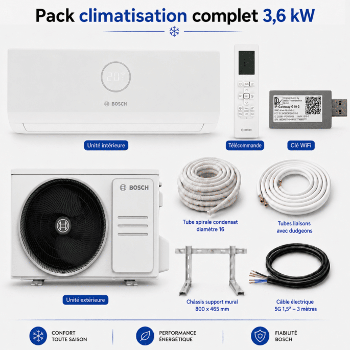 Pack climatisation monosplit Climate 3000I RAC Bosch 3,6 kW + kit installation