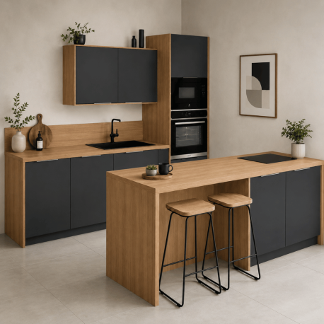 Pack cuisine parallèle – meubles bas et hauts+ Plan de travail + Crédence + Accessoires - Gris anthracite & Bois