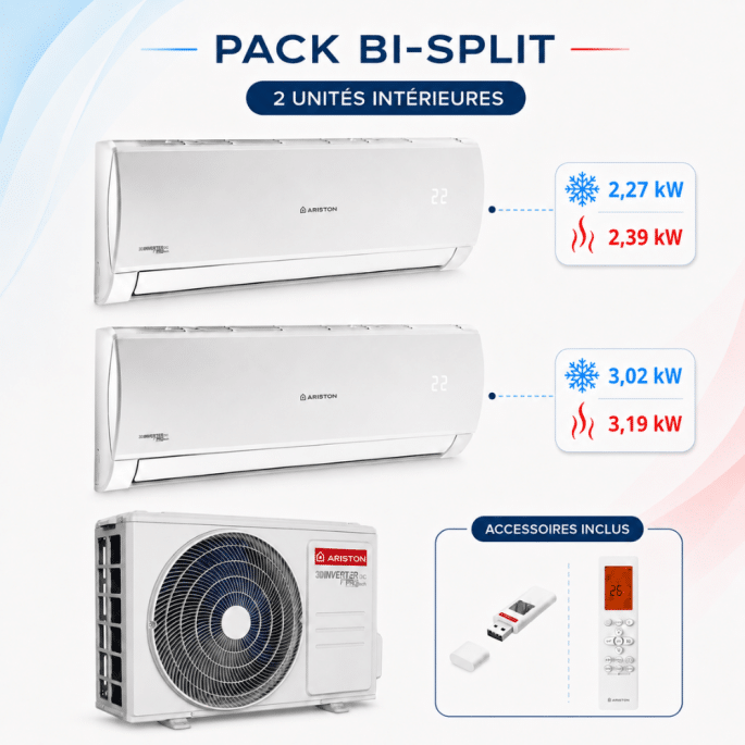 Climatisation Bisplit 1 unité extérieure DUAL 50 + 1 unité intérieures Alys Net 25 + 1 unité intérieures Alys Net 35 Ariston