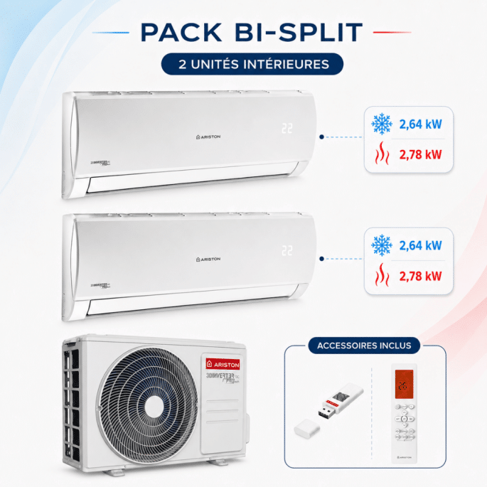 Climatisation Bi-split 1 unité extérieure DUAL 50 + 2 unités intérieures Alys Net 25 Ariston