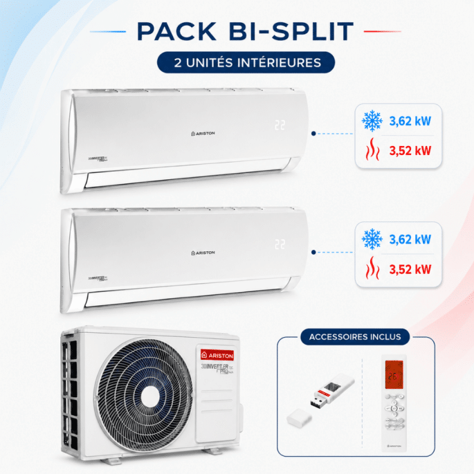 Climatisation Bi-split 1 unité extérieure Trial 80 + 2 unités intérieures de 3,5 kW Alys Net 35 Ariston