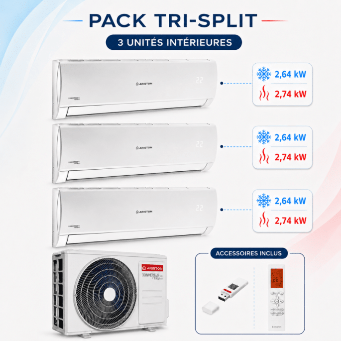 Climatisation Tri-split 1 unité extérieure TRIAL 80 + 3 unités intérieures Alys Net 25 Ariston