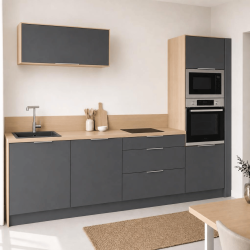 Pack cuisine linéaire – meubles bas et haut + Plan de travail + Crédence + Accessoires - Gris anthracite & Bois Pack cuisine linéaire – meubles bas et haut + Plan de travail + Crédence + Accessoires - Gris anthracite & Bois