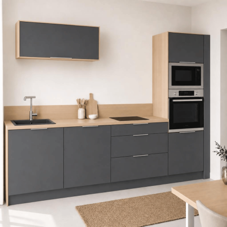Pack cuisine linéaire – meubles bas et haut + Plan de travail + Crédence + Accessoires - Gris anthracite & Bois