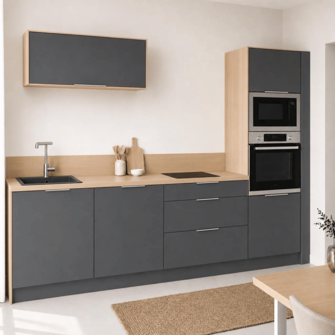 Pack cuisine linéaire – meubles bas et haut + Plan de travail + Crédence + Accessoires - Gris anthracite & Bois