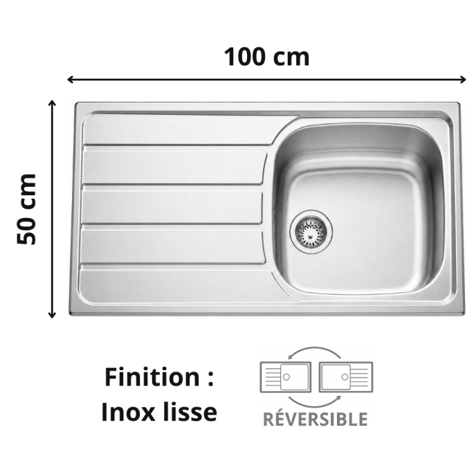 Évier 1 grand bac + égouttoir 100 cm Montebello Aquatop