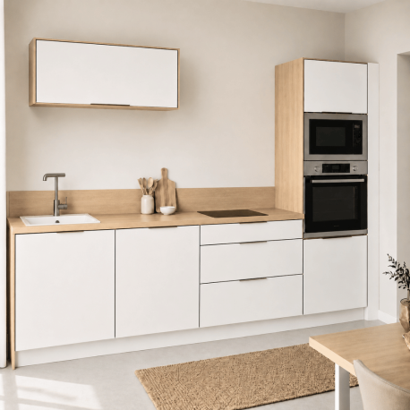 Pack cuisine linéaire – meubles bas et haut + Plan de travail + Crédence + Accessoires - Blanche & Bois