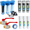Pack luxe filtre à eau Triplex 3/4 équipé avec cartouche, vannes + 2 cartouches coton + 2 cartouches charbon