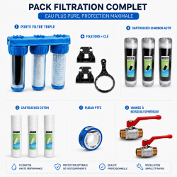 Pack luxe filtre à eau Triplex 3/4 équipé avec cartouche, vannes + 2 cartouches coton + 2 cartouches charbon Pack luxe filtre à eau Triplex 3/4 équipé avec cartouche, vannes + 2 cartouches coton + 2 cartouches charbon