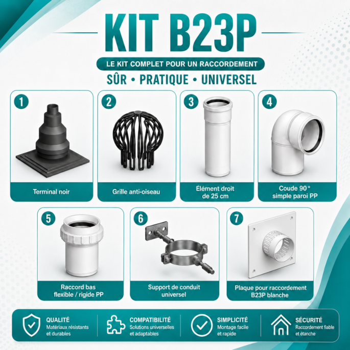 Kit raccordement B23P pour chaudière à condensation dans une chaufferie