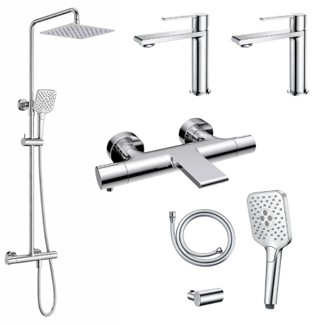 Ensemble 2 Mitigeurs lavabo + Colonne de douche + Mitigeur Bain + Support douchette flexible Figaro