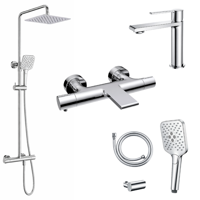 Ensemble Mitigeur lavabo + Colonne de douche + Mitigeur Bain + Support douchette flexible Figaro
