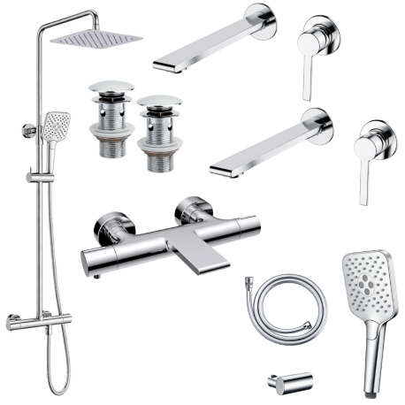 Ensemble 2 Mitigeurs lavabo encastré + 2 Bondes + Colonne de douche + Mitigeur Bain + Support douchette flexible Figaro