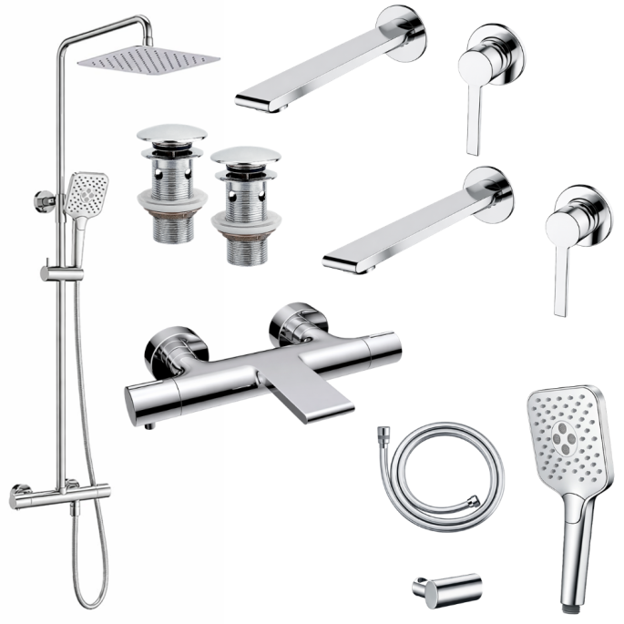 Ensemble 2 Mitigeurs lavabo encastré + 2 Bondes + Colonne de douche + Mitigeur Bain + Support douchette flexible Figaro