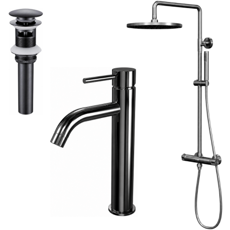 Ensemble mitigeur lavabo réhaussé + bonde + colonne de douche Corbeau Kroos