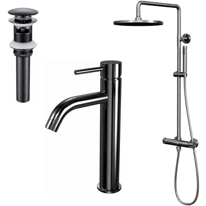 Ensemble mitigeur lavabo réhaussé + bonde + colonne de douche Corbeau Kroos