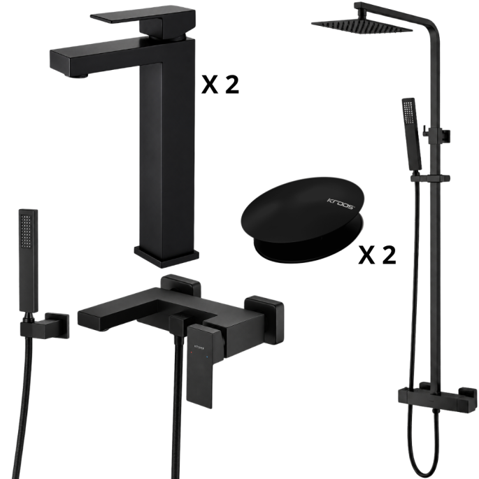 Ensemble 2x Mitigeur lavabo réhaussé + Colonne de douche + Mitigeur bain douche + 2x Bonde Sirius Kroos