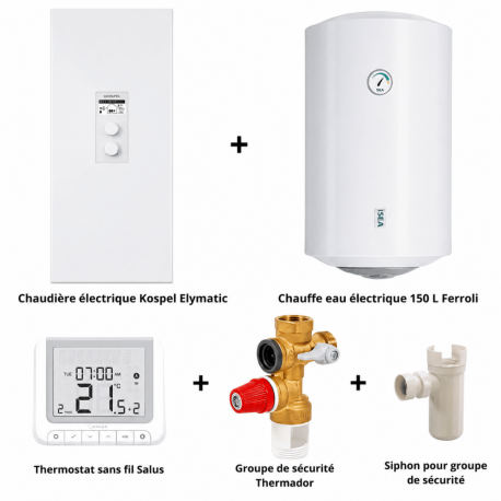 Pack chaudière électrique 7 / 9 / 11 / 14 Kw + chauffe eau 150 L + accessoires