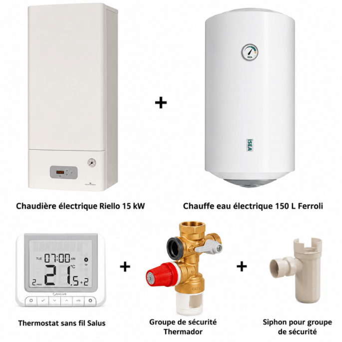 Pack chaudière électrique 3 à 15 Kw + chauffe eau 150 L + accessoires