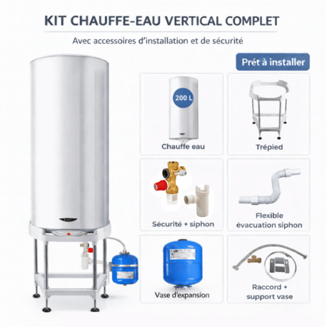 Pack Chauffe eau électrique 150 Litres Sagéo stéatite vertical ARISTON + Groupe de sécurité 3/4" + Siphon