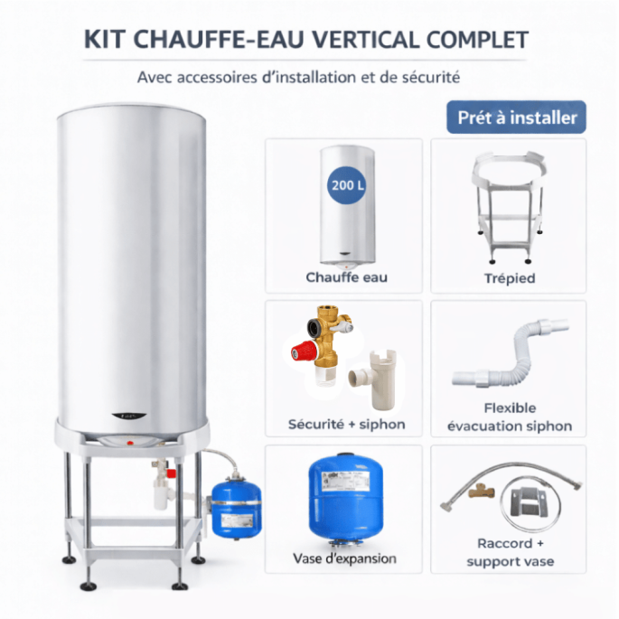 Pack Chauffe eau électrique 150 Litres Sagéo stéatite vertical ARISTON + Groupe de sécurité 3/4" + Siphon