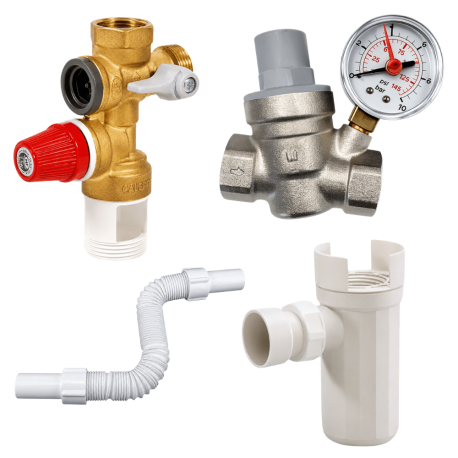 Pack groupe de sécurité 3/4" + siphon + réducteur de pression + flexible d'évacuation