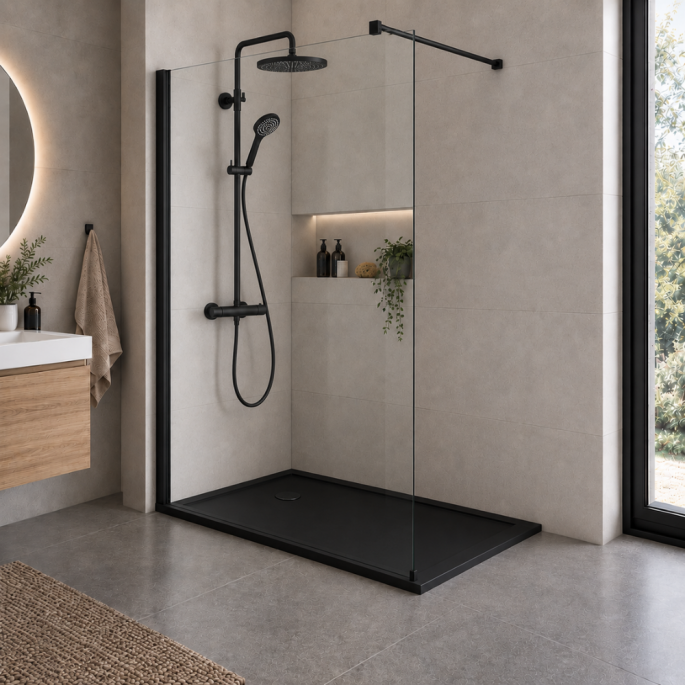 Pack de douche finition noir : Paroi + receveur + colonne