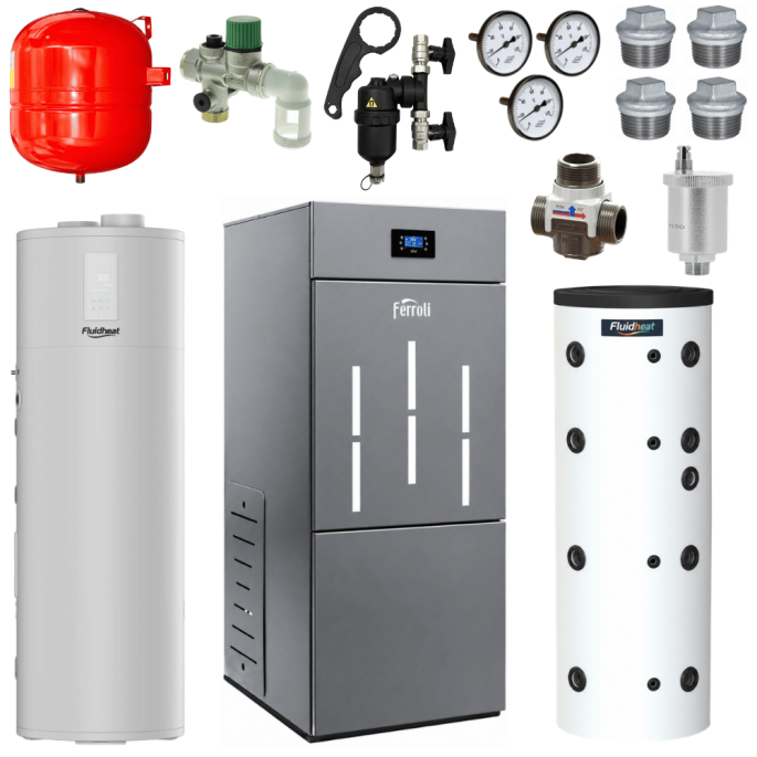 Pack chaudière à granulés BioPellet Pro 40 kW + chauffe-eau thermodynamique Fluidheat 250 L + ballon tampon + accessoires