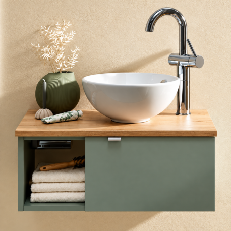 Ensemble lave-mains : meuble Iglou Azurlign 61 cm + vasque + plan + robinetterie – Vert mat et chêne