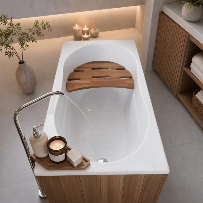 Pack baignoire gain de place 120x70 cm avec siège en teck + vidage