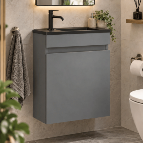 Pack meuble lave-mains + vasque + robinetterie - Gris et Noir