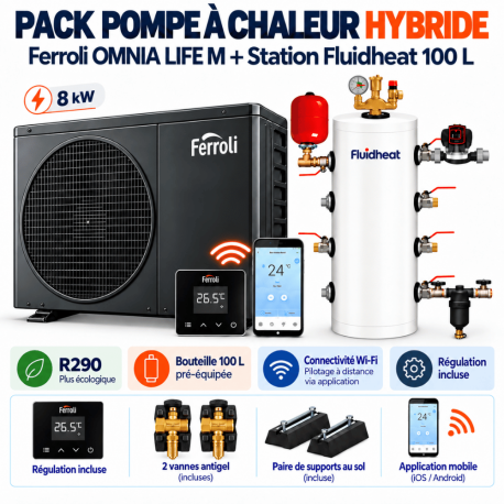 Pack pompe à chaleur hybride Omnia Life M 8 Kw avec station Fluidheat 100 L