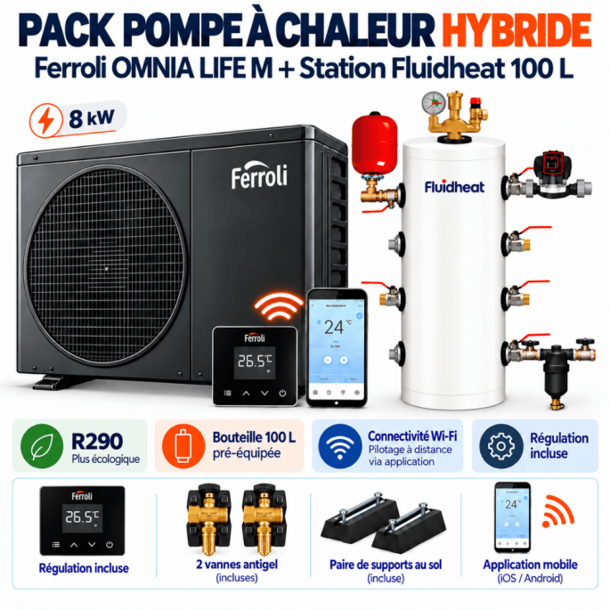 Pack pompe à chaleur hybride Omnia Life M 8 Kw avec station Fluidheat 100 L