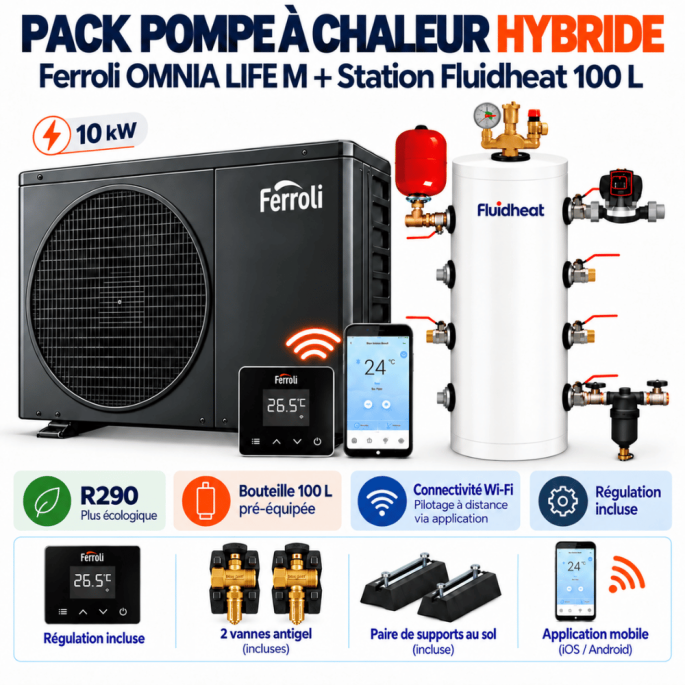Pack pompe à chaleur hybride Omnia Life M 10 Kw avec station fluidheat 100 L