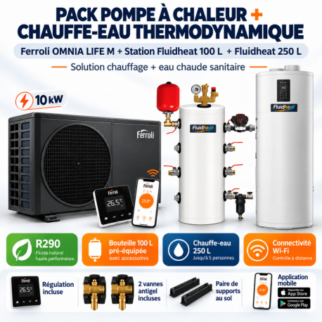 Pack pompe à chaleur hybride Omnia Life M 8 Kw avec station Fluidheat 100 L et ballon thermodynamique 250 L