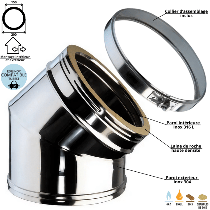 Coude 45 ° conduit double paroi isolé Ediliso25 Edilinox
