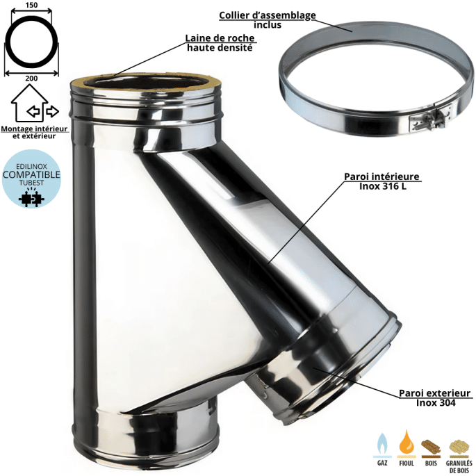 Te 135° conduit double paroi isolé Ediliso25 Edilinox