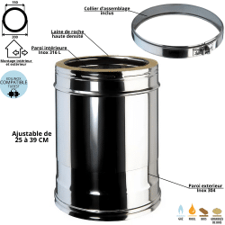 Elément réglable 26 à 39 cm conduit double paroi isolé Ediliso25 Edilinox