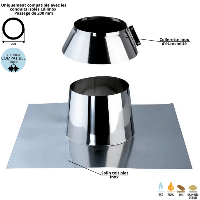 Solin toit plat inox pour conduit double paroi isolé Ediliso25 Edilinox