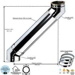 Ensemble dévoiement 2 x coudes 45 ° + 1 x 100 cm conduit double paroi isolé Ediliso25 Edilinox