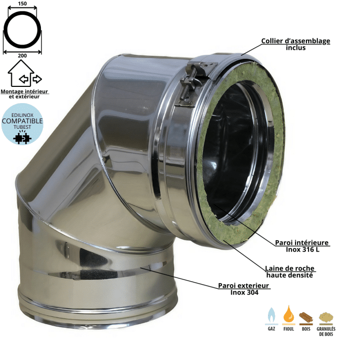 Coude 90 degrés conduit double paroi isolé Edilinox - Diamètre 150 mm